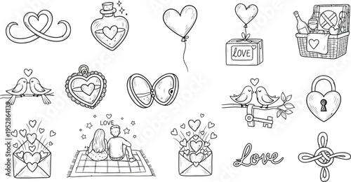 A charming collection of various love and Valentine's Day themed items, including intertwined hearts, love potions, heart balloons, gifts, lovebirds, and romantic letters, all in outline style.