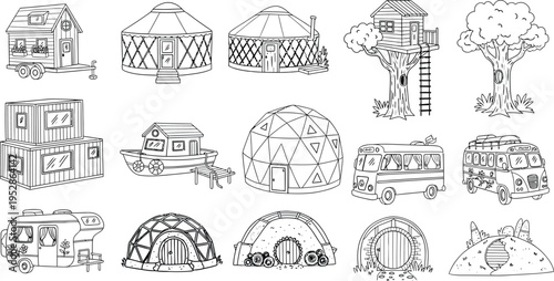 A diverse collection of unique and alternative dwellings, featuring tiny houses, yurts, geodesic domes, treehouses, shipping container homes, campers, and hobbit holes, all as outline drawings.