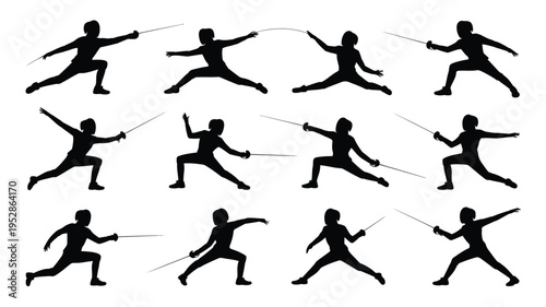 Collection of black silhouette figures jumping rope in various dynamic poses on white background for fitness and exercise concepts