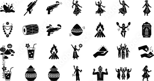A vibrant collection of various black silhouette icons representing the joyous Holi festival, including water guns, dancing figures, bonfire, drums, color powder, and festive drinks.