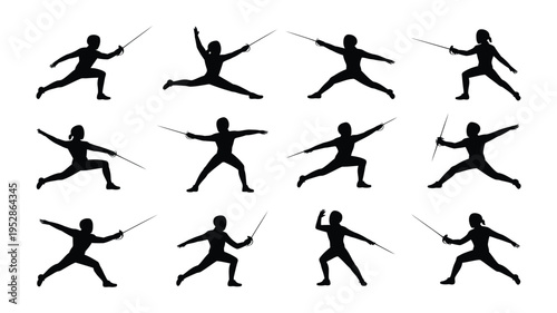 Martial arts silhouettes with swords in various fighting stances and poses on white background for design and illustration