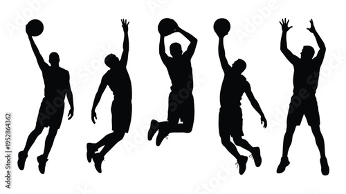 Black silhouettes of five basketball players jumping and shooting hoops in different poses on white background