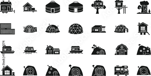 A diverse collection of unique dwelling silhouettes, including yurts, treehouses, igloos, container homes, and hobbit houses, suitable for alternative living and travel themes.