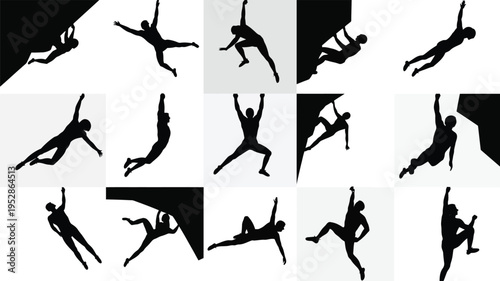 Collection of black silhouettes of people jumping and falling on white background with gray squares