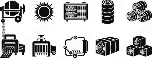 Black and white vector illustration of industrial and agricultural machinery icons including cement mixer, barrels, bales, shredding machine, compactor, rollers, processed materials