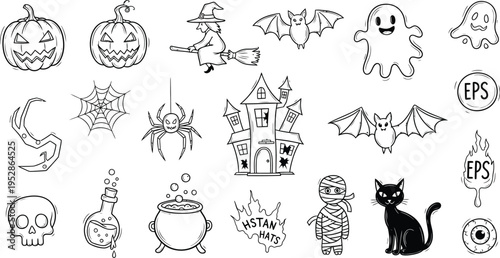 A playful collection of hand-drawn doodle icons in black and white, featuring classic Halloween characters and spooky elements like pumpkins, witches, ghosts, bats, and haunted houses.
