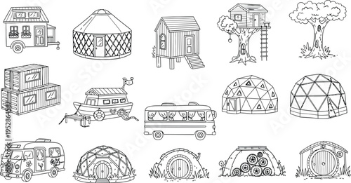 A diverse collection of hand-drawn doodle illustrations showcasing unique and alternative dwellings, including tiny houses, yurts, treehouses, caravans, geodesic domes, and hobbit homes.
