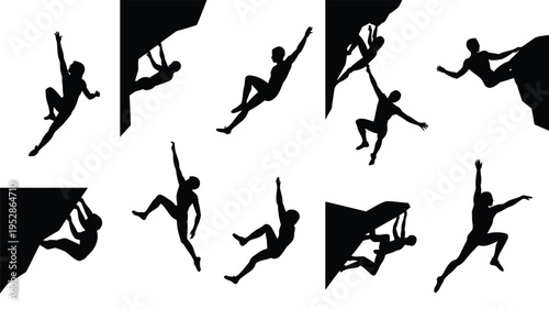 Silhouettes of people rock climbing in various poses on white background