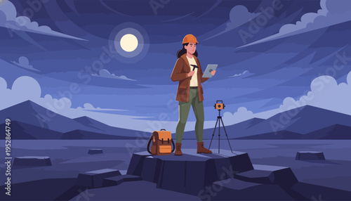 Woman Geologist Surveying Landscape at Night Under Full Moon.