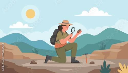 Archaeologist Examining Artifacts in a Remote Mountainous Landscape.