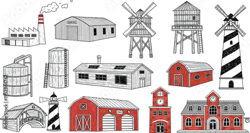 A detailed collection of hand-drawn doodle illustrations in black and white, depicting various farm and rural buildings, including barns, windmills, lighthouses, silos, and traditional houses.