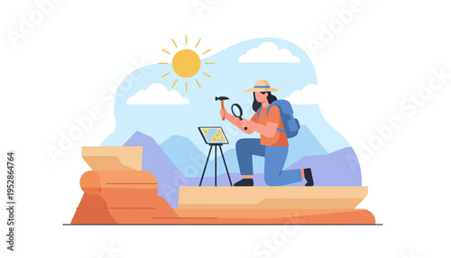 Archaeologist Examining Ancient Artifacts in a Desert Landscape.