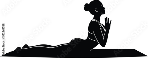 A graceful female silhouette performing the Bhujangasana (Cobra Pose) on a yoga mat, illustrating strength, flexibility, and peaceful mindfulness in a wellness practice.