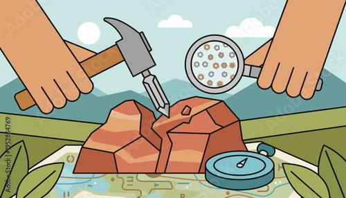 Geologist Examining Rock Sample with Tools and Map.