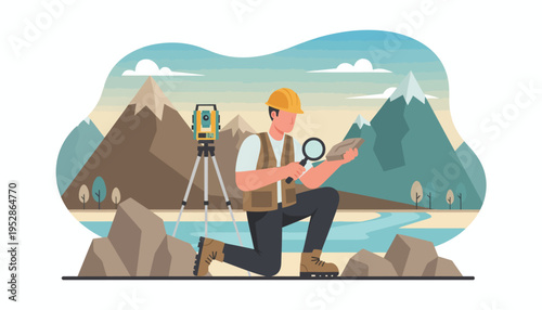 Geologist Examining Rock Sample with Surveying Equipment in Mountain Landscape.