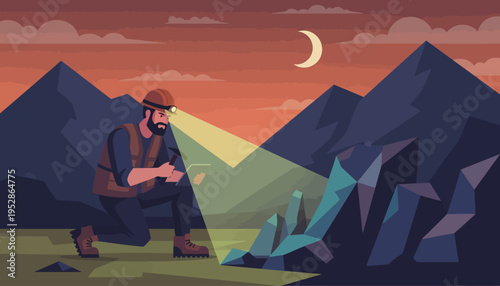 Miner Discovering Crystals in Mountain Cave at Night.