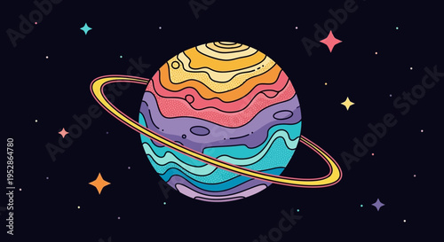 Colorful planet with ring system.