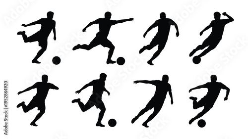 Silhouettes of soccer players in various kicking poses with balls on white background for sports design