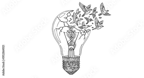 Abstract line art illustration of a light bulb containing a DNA strand, breaking apart as geometric birds fly free, symbolizing innovation, genetic research, and liberating ideas.
