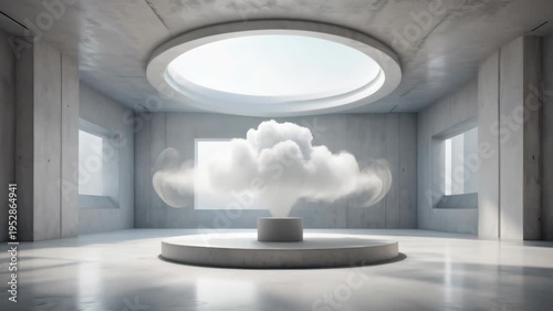 Futuristic minimal interior featuring a floating cloud in the center, symbolizing cloud computing, data storage, and digital infrastructure.