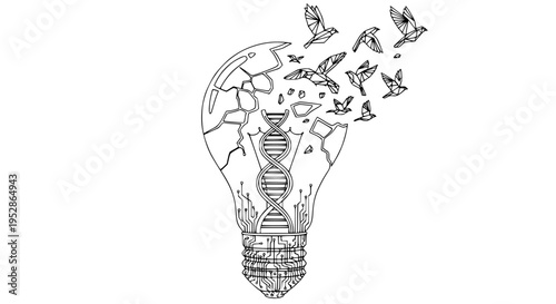 Lightbulb illustration with DNA helix structure, circuit board base, and geometric birds flying out from a broken top, symbolizing genetic innovation, freedom, and breakthrough ideas.