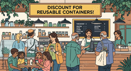 Customers ordering at a cafe with discount for reusable containers sign.