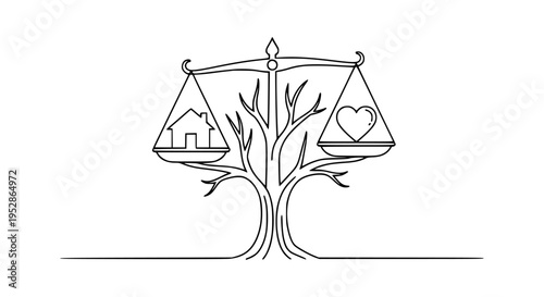 Conceptual line art illustration balancing scales of justice resting upon a stylized tree comparing the importance of home and personal well-being.