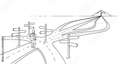 Person standing at a complex crossroads with multiple signposts indicating divergent paths towards a distant mountain, symbolizing important life or business decisions, future strategy.