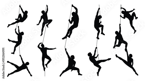 Silhouettes of people climbing jumping and hanging from ropes in various dynamic poses on white background