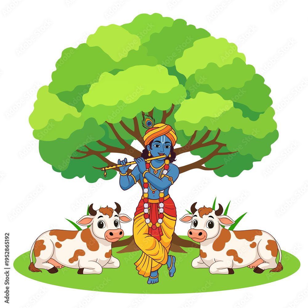 Obraz premium Lord krishna playing flute under tree with cows isolated on transparent background 