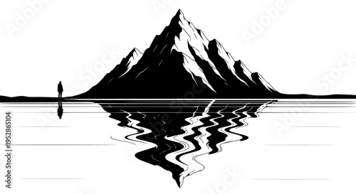 Mountain peak landscape challenge with a solitary person contemplating vast reflections in the water, representing ambition and personal growth in a minimalist black and white graphic illustration.