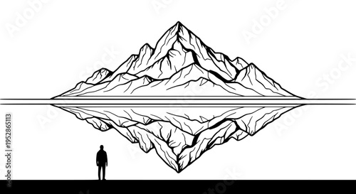 Iceberg metaphor illustration showing a small visible tip with a massive hidden underwater structure, symbolizing challenges, complexity, or unseen potential, with a tiny human silhouette observing.