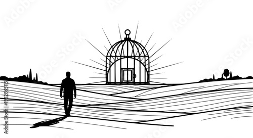 Silhouette man walks away from an open birdcage symbolizing freedom, escape, and opportunity in a stylized landscape drawing.