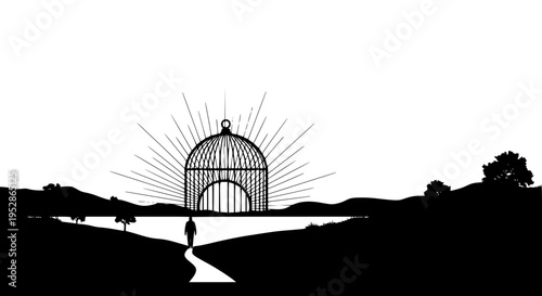 Silhouette of a solitary person walking away from an open birdcage towards bright sunshine over a stylized landscape horizon.