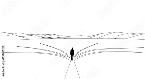Person standing at a metaphorical crossroads with multiple paths illustrating future choices and strategic decisions in a minimalist black and white landscape design. This conceptual image represents 