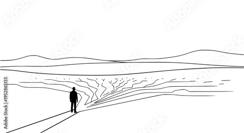 Silhouette of a person standing at a complex path junction, contemplating future decisions and choices in a vast minimalist conceptual landscape illustration.