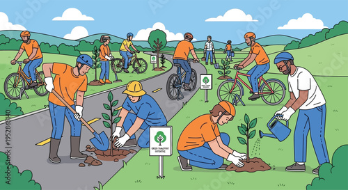 Community members planting trees and cycling outdoors.