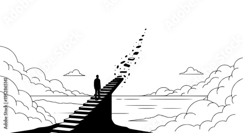A lone figure contemplating a difficult journey up a fragmented stairway, representing challenges, risks, uncertainty, and the path to achieving goals.