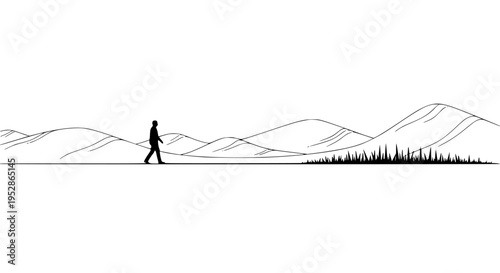 Silhouette of a lone businessman walking confidently across a straight horizon line through barren landscape toward distant rolling hills and sparse vegetation.