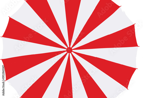 Red and white striped umbrella vector illustration, beach parasol design, carnival shade artwork, summer outdoor accessory, radial symmetry pattern graphics