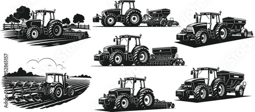 Black and white vector illustration of tractors with plows, seed drills, trailers, rural farming scenes, agricultural machinery, precision equipment, stylized technical drawing