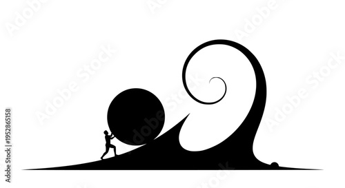 Silhouette of person pushing massive rock uphill against large swirling wave in challenging struggle symbolizing effort and perseverance in difficult times.