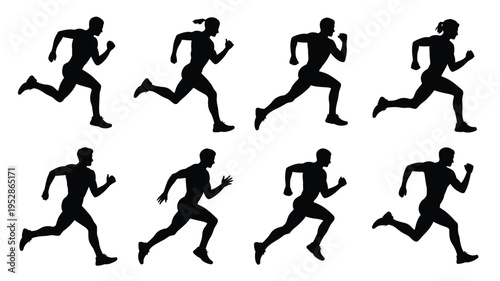Eight black silhouette runners in various poses on white background for fitness and sports concepts