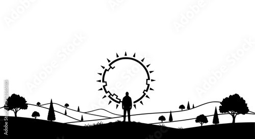 Silhouette of lone man standing on hill observing stylized spiked circular abstract sun or portal over peaceful landscape with trees and rolling terrain.