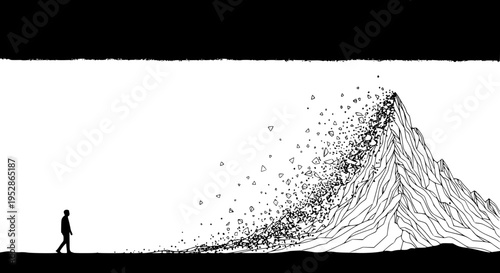 Silhouette of a solitary person walking away from a large mountain peak dramatically disintegrating into small abstract geometric fragments illustration.