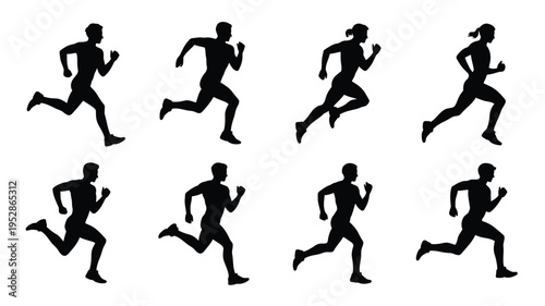 Eight black silhouettes of people running in different poses on white background for fitness and sports concepts