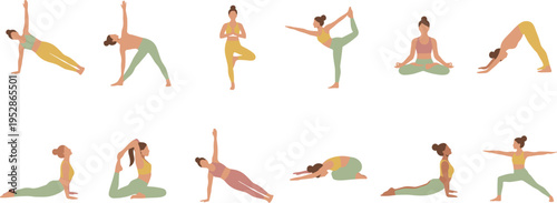 Set of Woman Yoga Poses Flat Vector Illustration Showing Balance Stretching Meditation and Fitness Exercises for Wellness Healthy Lifestyle
