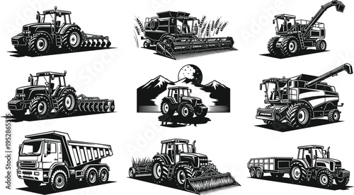 Black and white vector illustration of tractors, combine harvesters, dump truck, forage harvester, plow attachments, scenic farm background, agricultural and construction machinery artwork