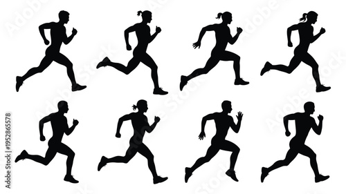 Eight black silhouettes of women running in different poses on white background for fitness and sports concepts