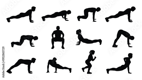 Black silhouettes of people doing various exercises and fitness poses on white background